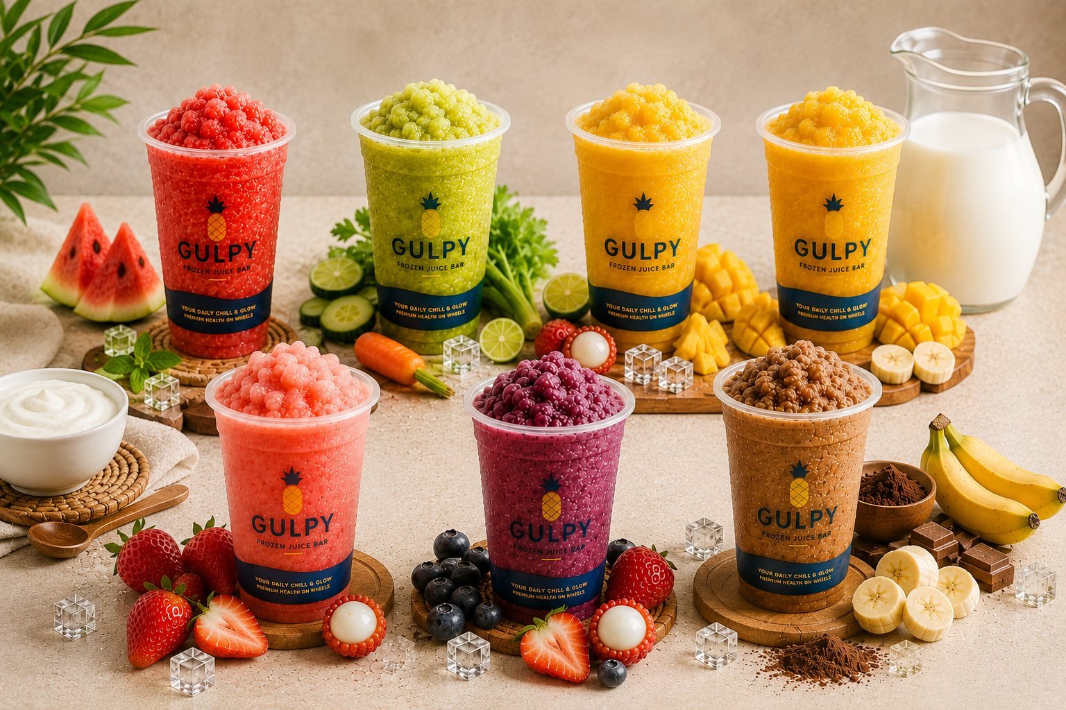 The full Gulpy menu: seven frozen juice blends lined up